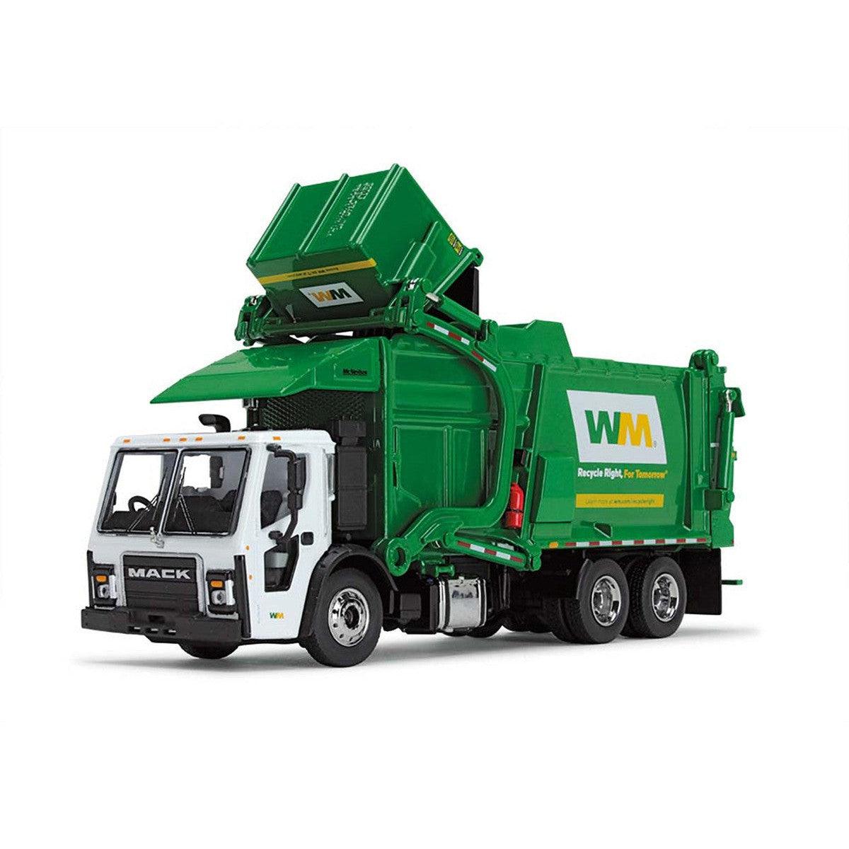 Mack LR Garbage Truck with McNeilus Meridian Front Load Refuse Body White and Green with Refuse Bin "Waste Management" 1/64 Diecast Model by First Gear-2