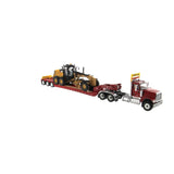 1/50 Scale Red International HX520 Tractor With Lowboy and Cat 12M3 Toy