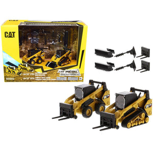 Set of 2 pieces CAT Caterpillar 272D2 Skid Steer Loader and CAT Caterpillar 297D2 Compact Track Loader with Accessories 1/64 Diecast Models by Diecast Masters-0