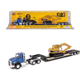 CAT Caterpillar CT660 Day Cab Tractor Blue Metallic with Lowboy Trailer and CAT 315C L Hydraulic Excavator Yellow 1/87 (HO) Diecast Model by Diecast Masters-0