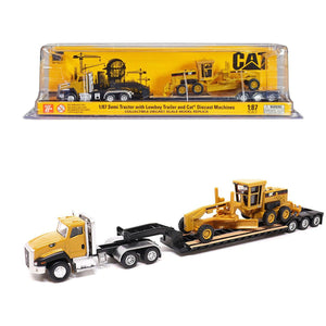 CAT Caterpillar CT660 Day Cab Tractor Yellow with Lowboy Trailer and CAT 163H Motor Grader Yellow 1/87 (HO) Diecast Model by Diecast Masters-0